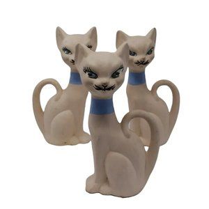 MCM 6" Ceramic Cats with Blue Collars & Blue Eyes - 3 Piece Set - Unmarked